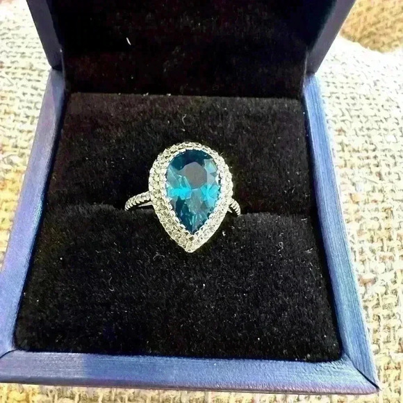 Angara Jewelry - 3.61K Pear Shape London Blue Topaz/Diamond Halo Cocktail Ring .925 Silver Sz 8
